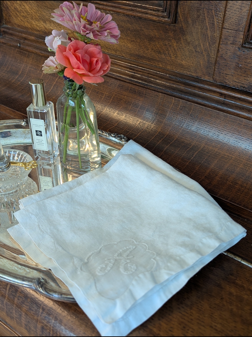 Madeira Monogram A White Linen Handkerchiefs - Pair of 2 Vintage